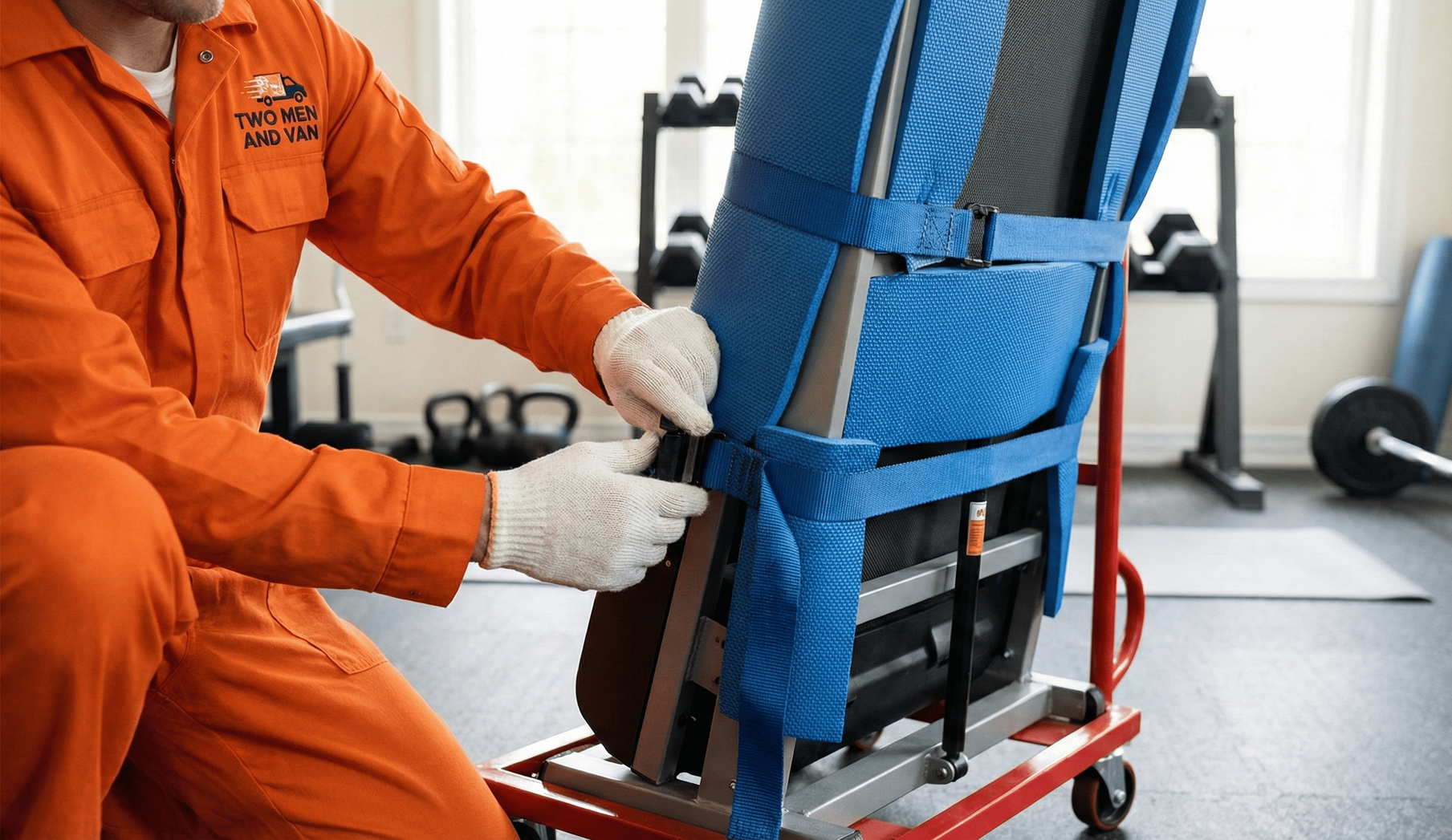 Mover in orange jumpsuit securing a treadmill on a dolly for safe relocation