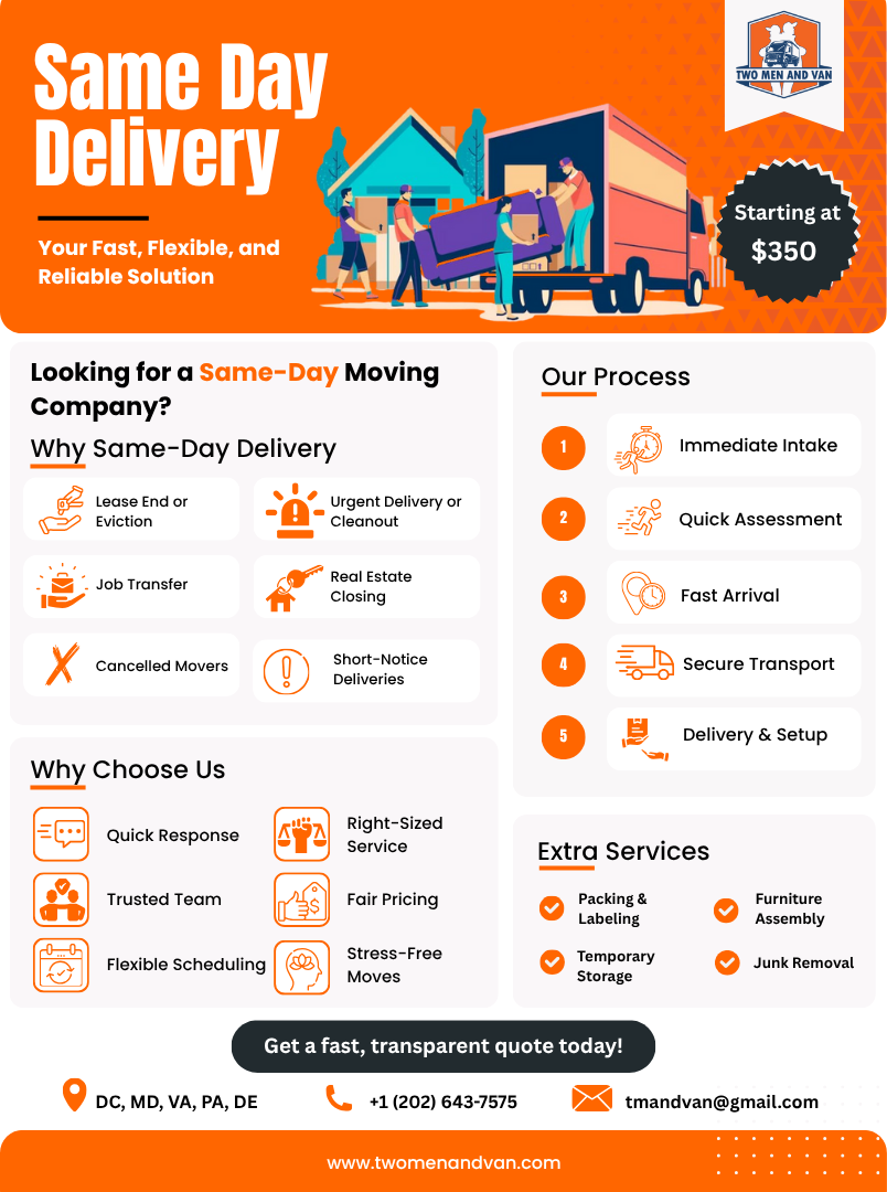 Orange flyer for same-day delivery service, with text and illustrations of moving, a truck, and customer services.
