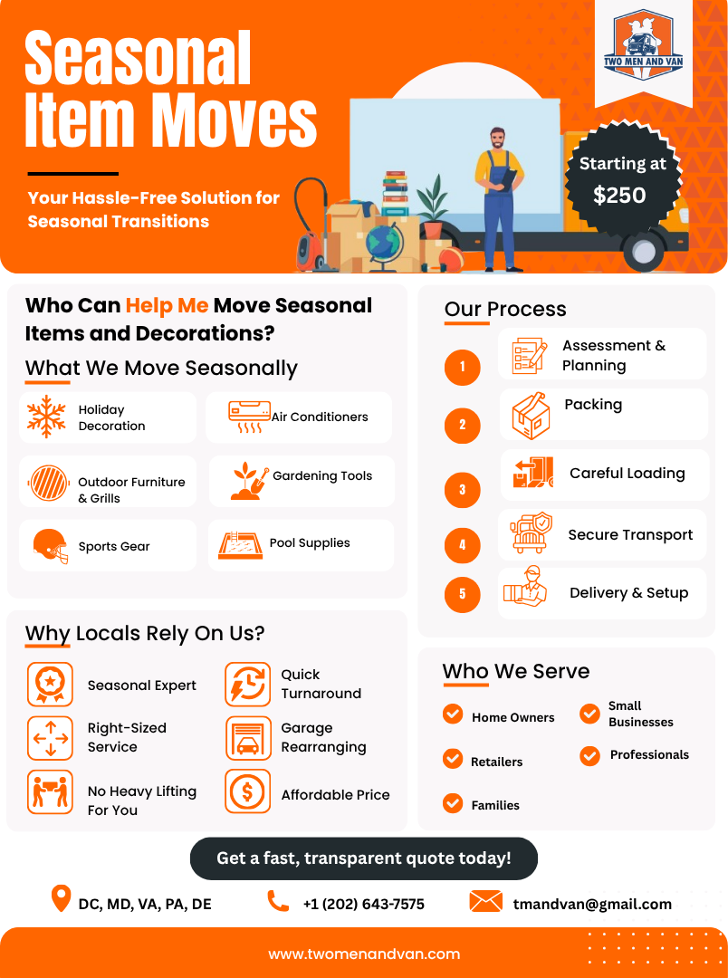 Orange flyer: Seasonal item moves. Company logo. Services include packing, storing, moving items.