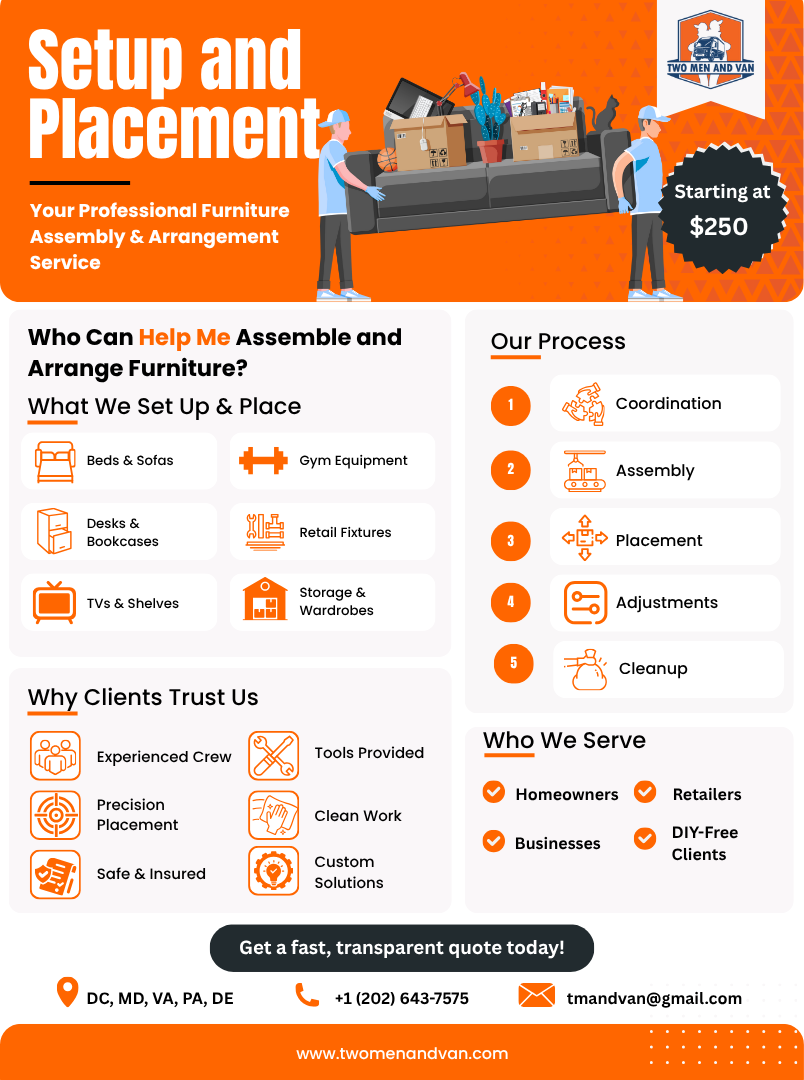 Orange flyer for furniture assembly and arrangement service, featuring a sofa with boxes and a worker.