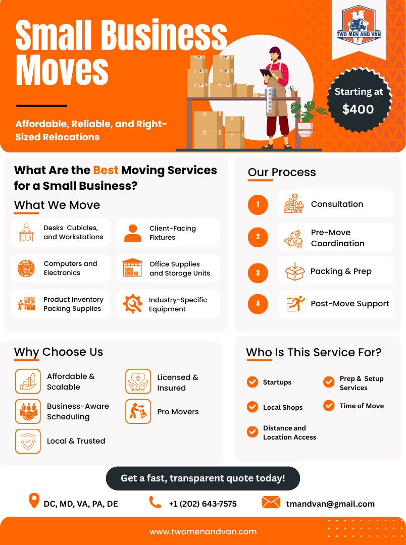 Flyer for small business moving services: orange background, lists services, starting at $400.