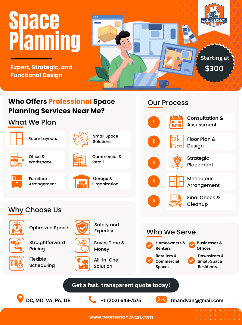 Orange flyer: Space planning services. Man in office. Services offered, price at $300. Contact info provided.
