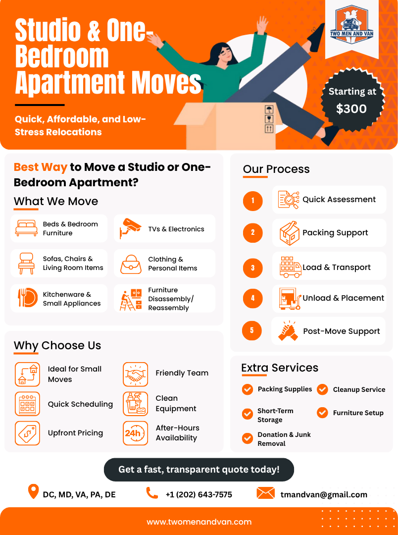 Orange flyer: apartment moving services, with a person jumping in a box. Text: