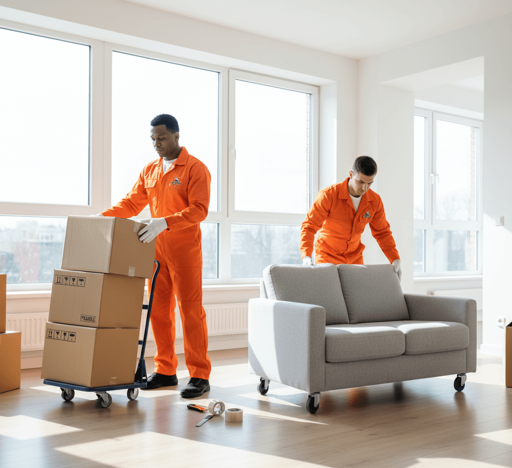 Professional movers carrying multiple e-commerce packages into a modern home entryway