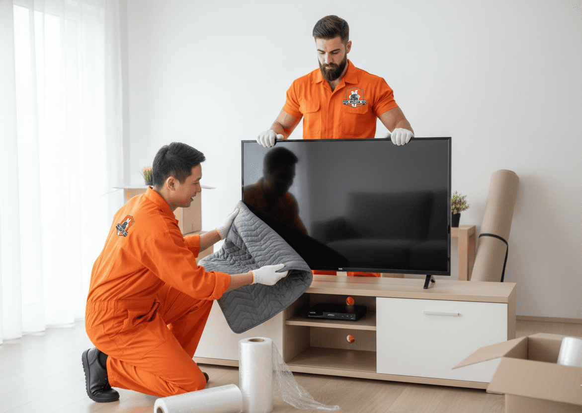 Two movers in orange jumpsuits wrapping a large TV in a living room.