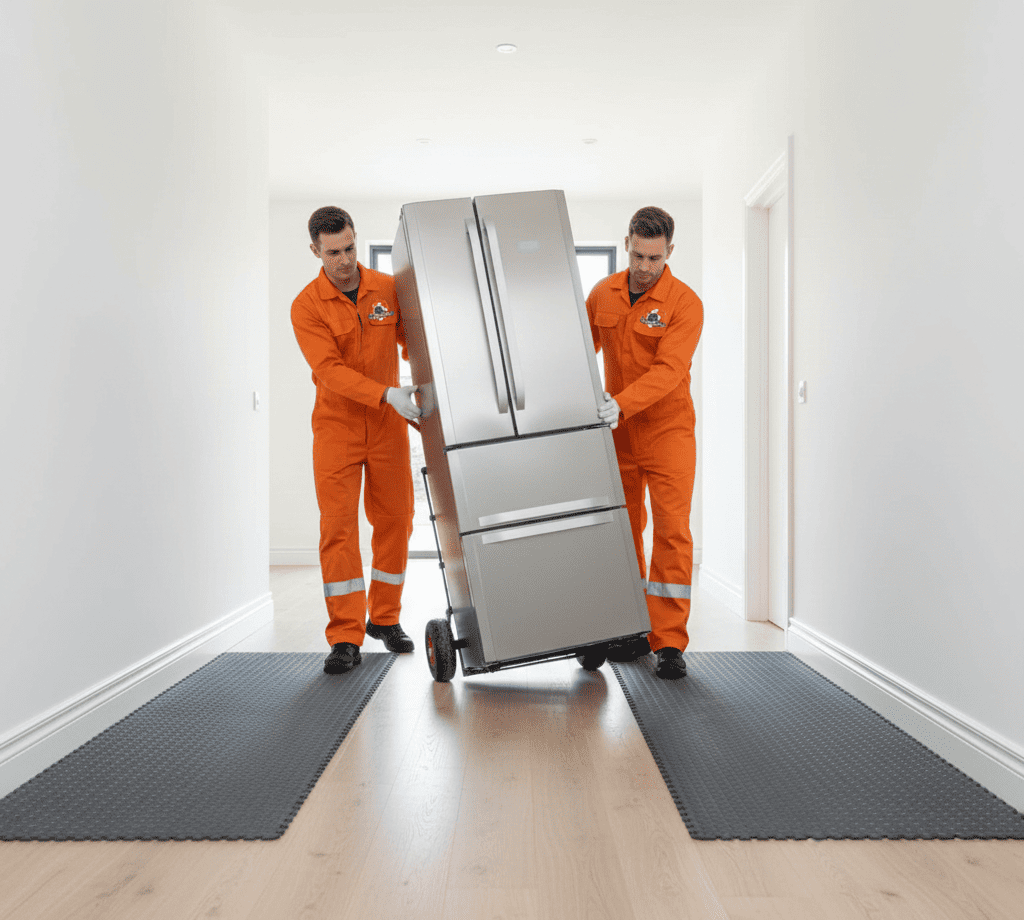 Two movers in orange jumpsuits transport a refrigerator on a dolly down a hallway.