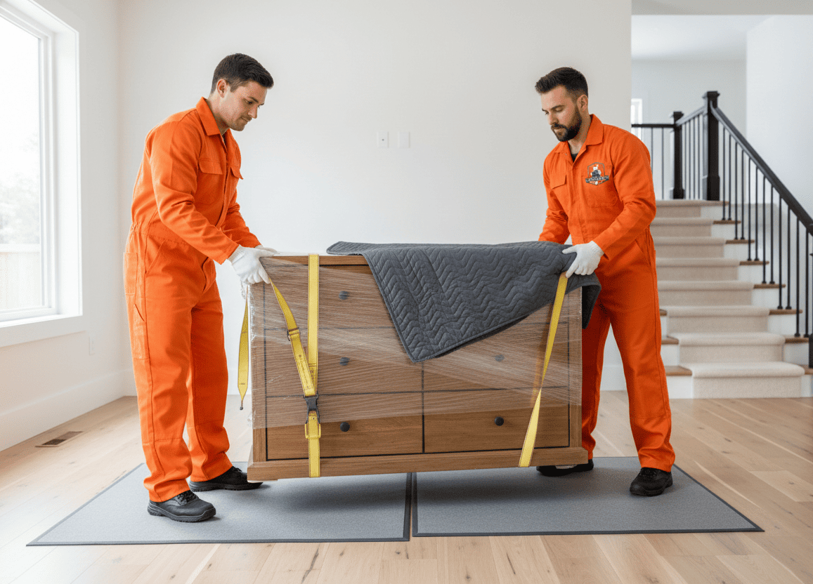 Two movers in orange jumpsuits lift a wooden dresser covered with a blanket; inside a house on a floor mat.