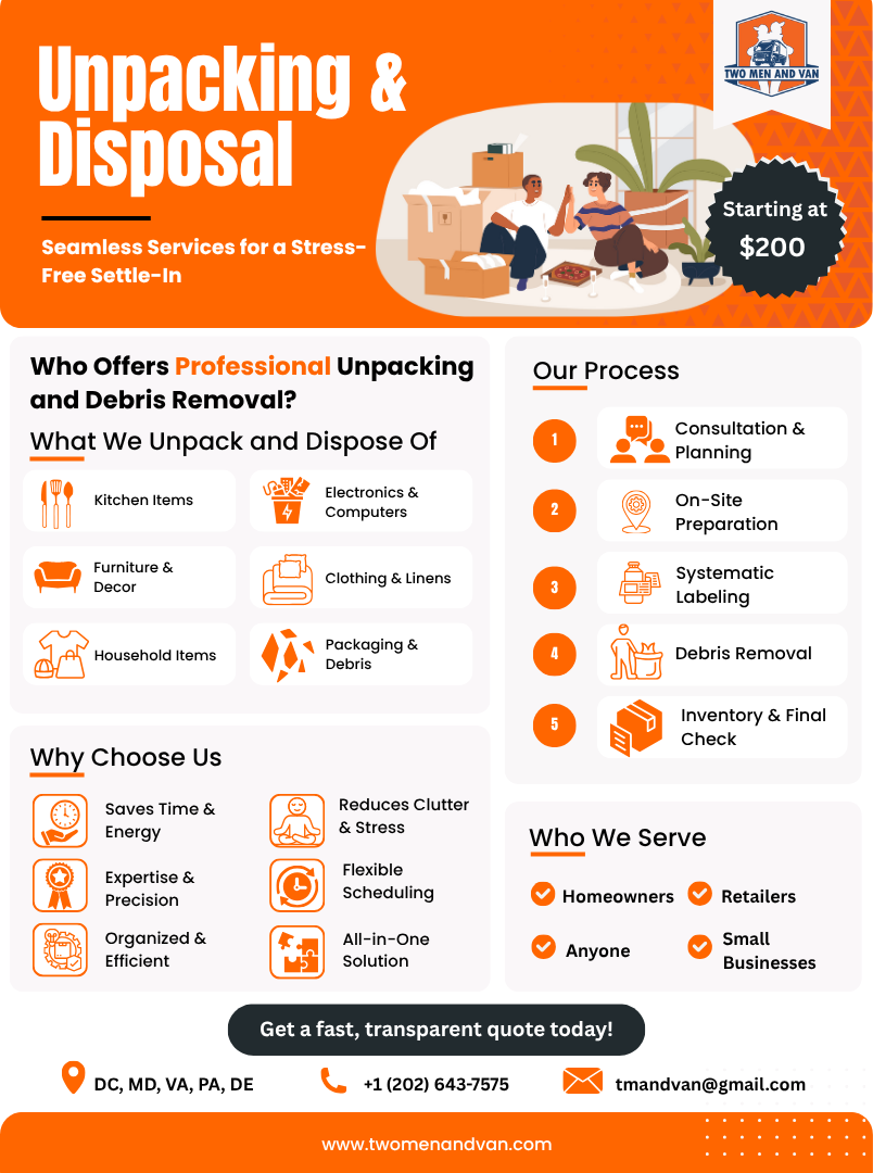 Orange flyer for unpacking and disposal services, with text and icons.
