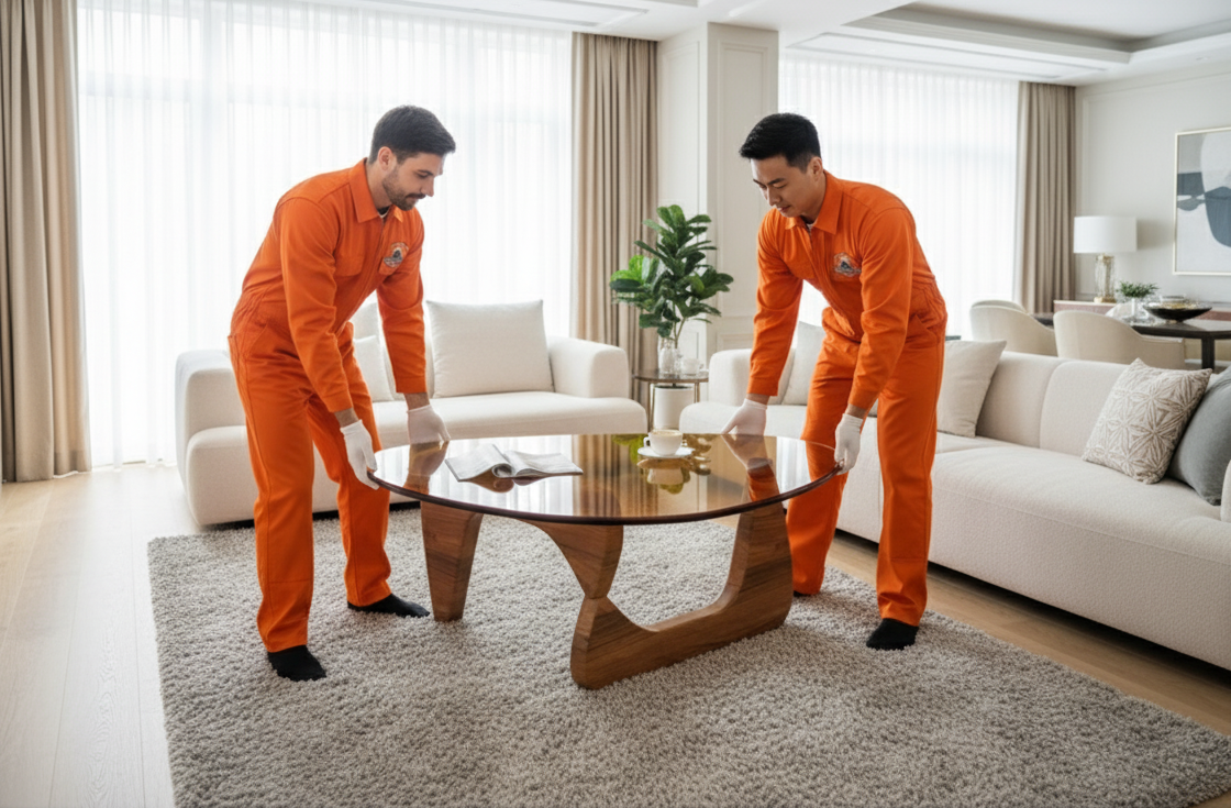 Two movers in orange jumpsuits lift a glass-topped table in a living room with white sofas, curtains, and a rug.
