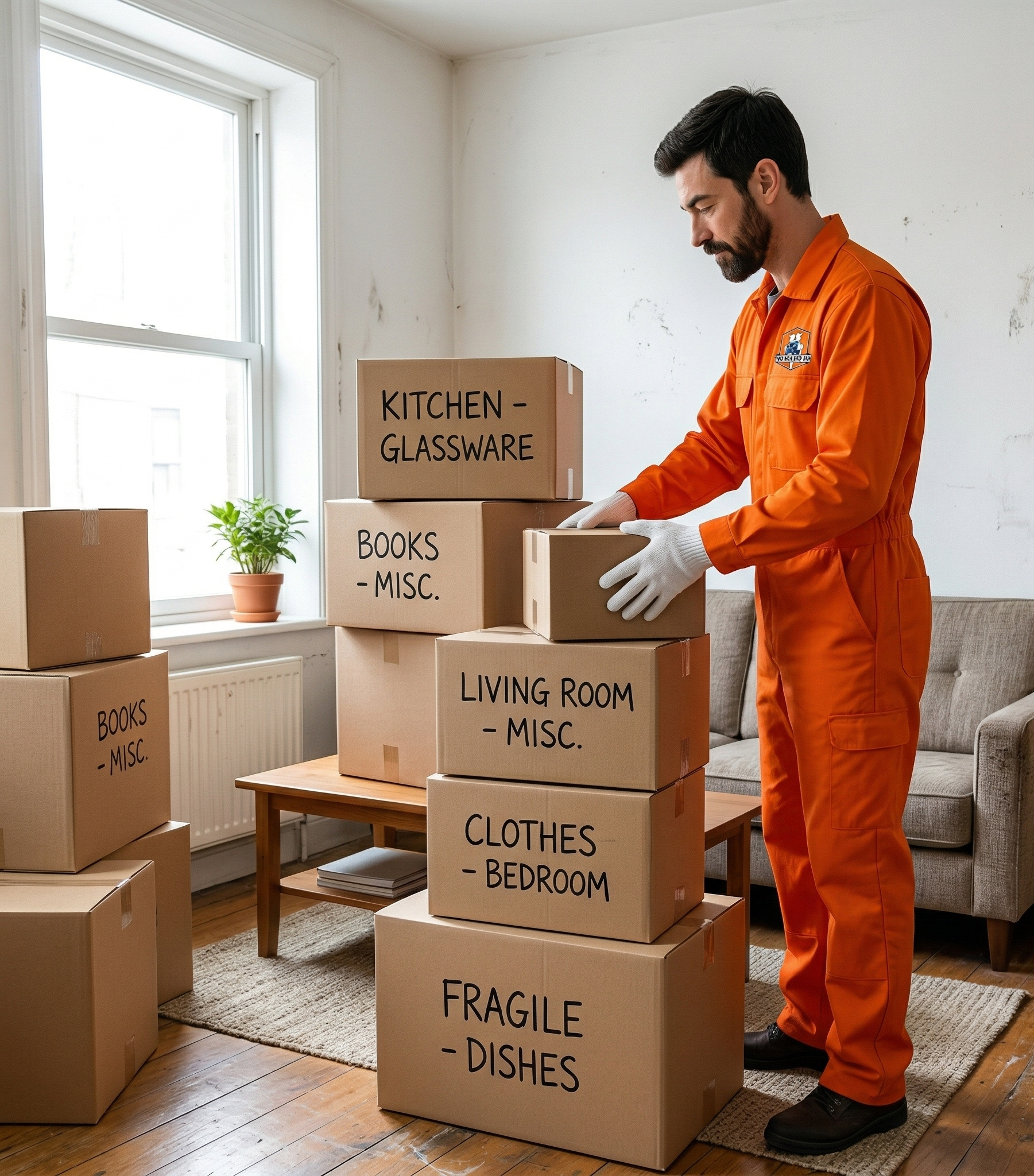 A worker in an orange jumpsuit and white gloves stacking cardboard moving boxes in a living room.