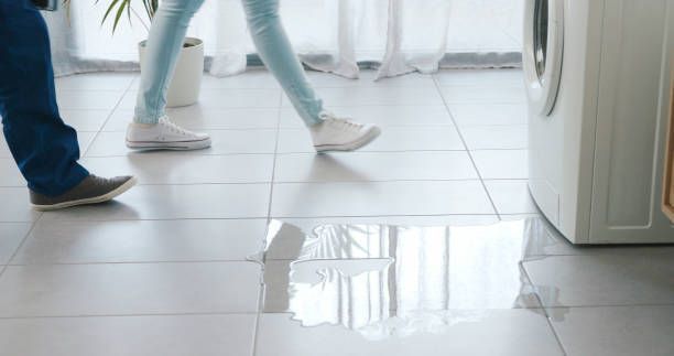 Water leaks onto a white-tiled floor near a washing machine as two people walk by.