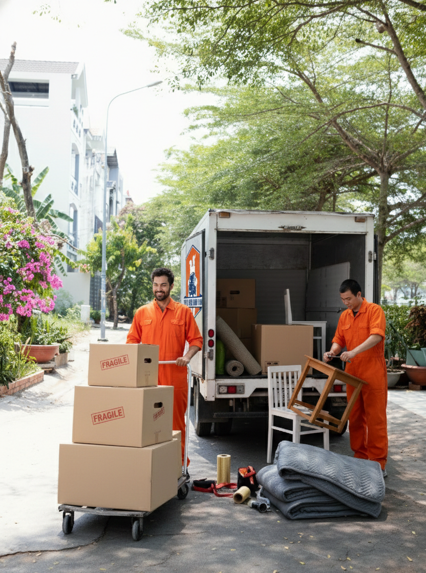Professional moving team loading a truck in a Baltimore, MD neighborhood, handling boxes