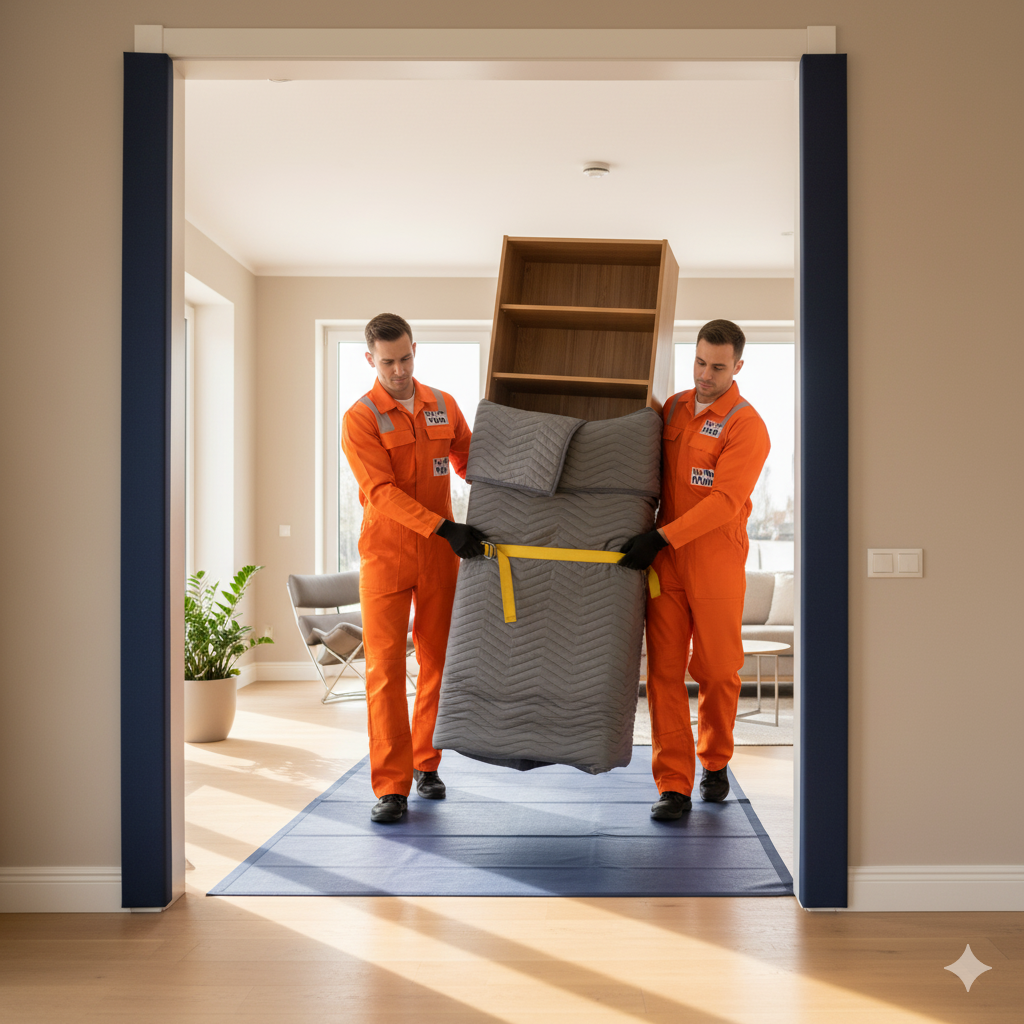 Two movers in orange jumpsuits carrying furniture through a doorway, using a yellow strap for support.