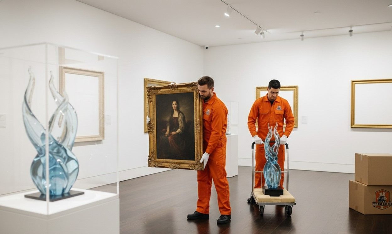 Two people in orange jumpsuits move art in a gallery. One carries a framed portrait, the other a sculpture on a cart.