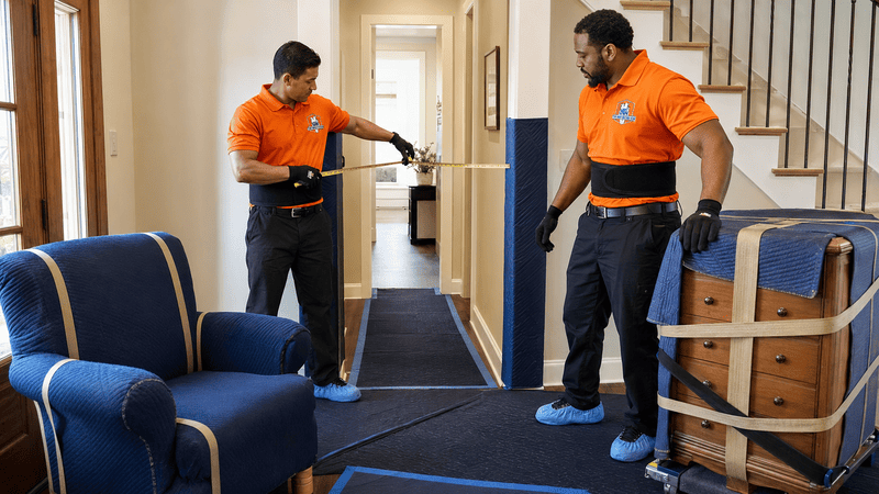 Two movers in orange shirts carrying a wrapped chair through a hallway with blue carpet and furniture