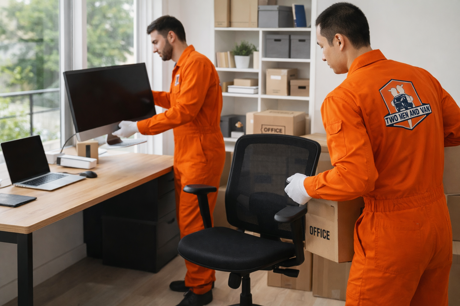 Two movers in orange jumpsuits pack office equipment, including a monitor and a cardboard box, in a workspace.