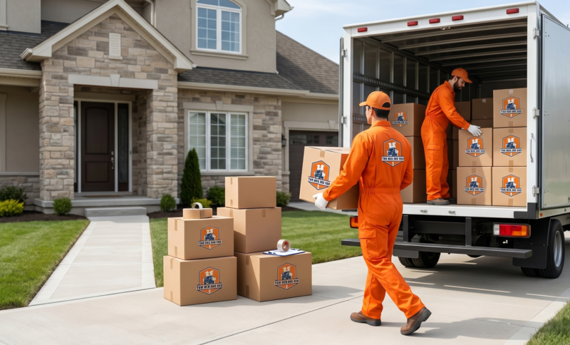 Two movers in orange uniforms unload stacked cardboard boxes from a truck at a suburban house.