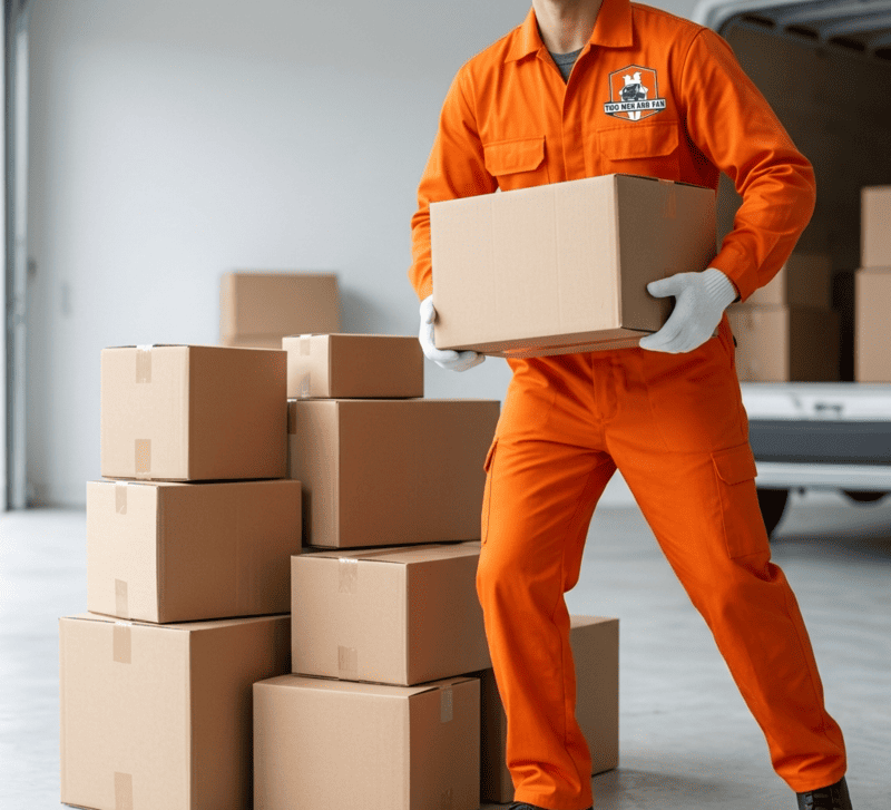 Delivery worker in orange uniform carrying a box beside stacked moving boxes in a bright room
