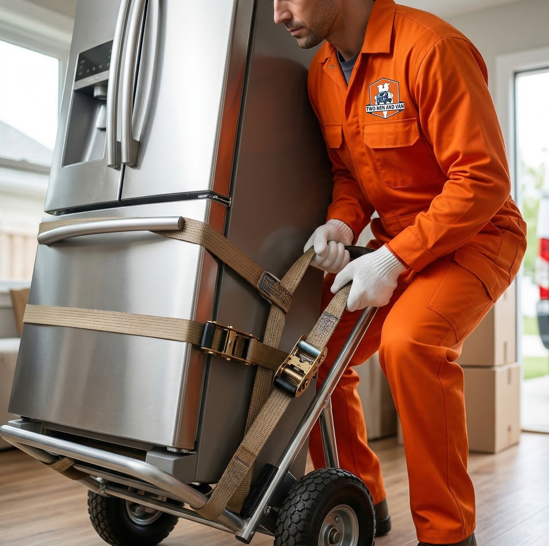 A person in an orange jumpsuit uses a hand truck to move a large, stainless steel refrigerator indoors.