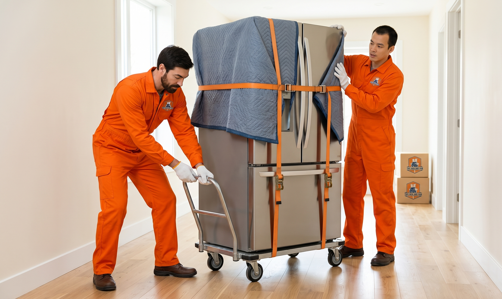 Two people in orange uniforms use a dolly to move a large refrigerator covered in a protective blanket down a hallway.