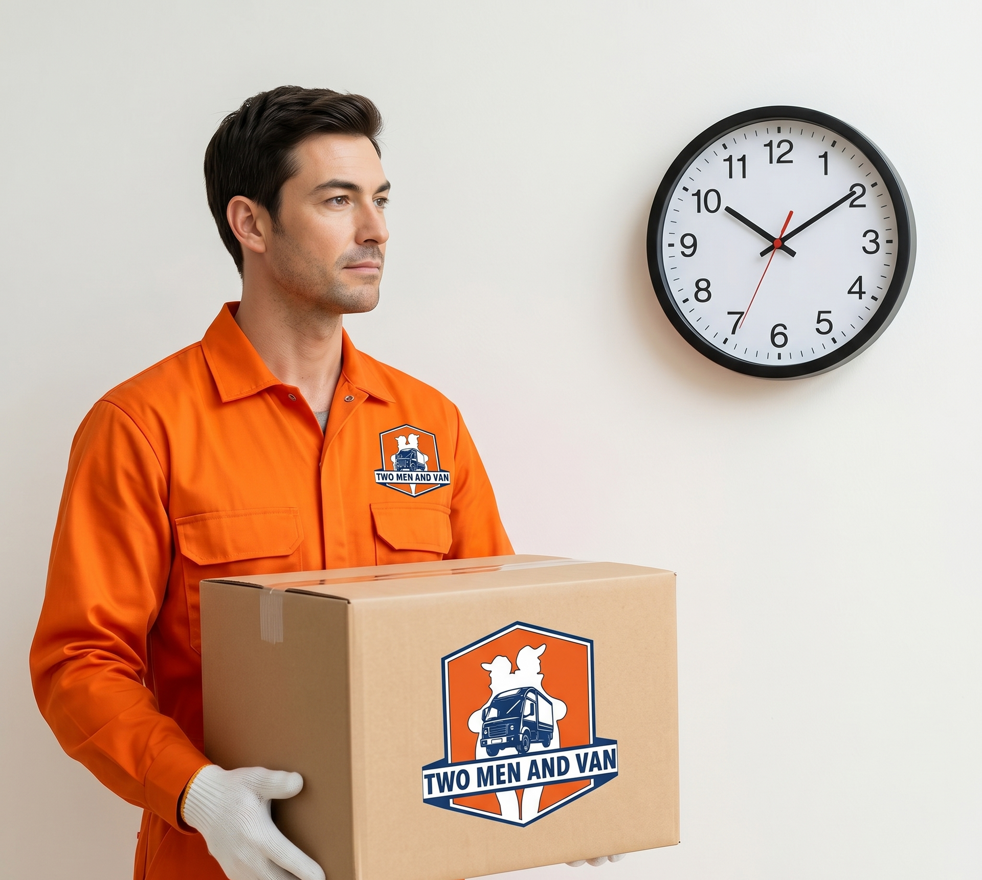 Mover in orange uniform holding a box beside a wall clock