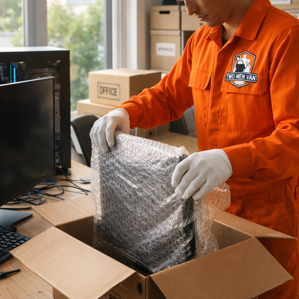 A person in an orange uniform and white gloves packs a bubble-wrapped item into a cardboard box on an office desk.