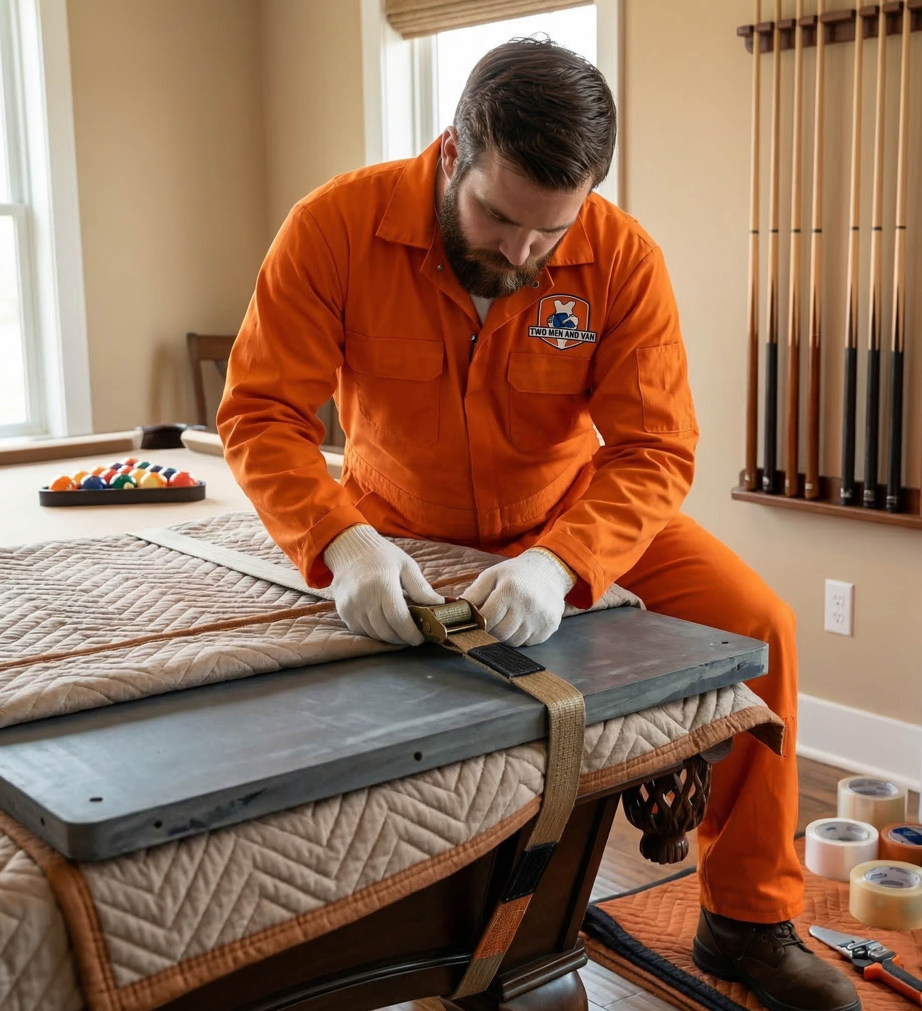 Professional mover in a bright orange jumpsuit and white gloves securing a pool table slate with pro