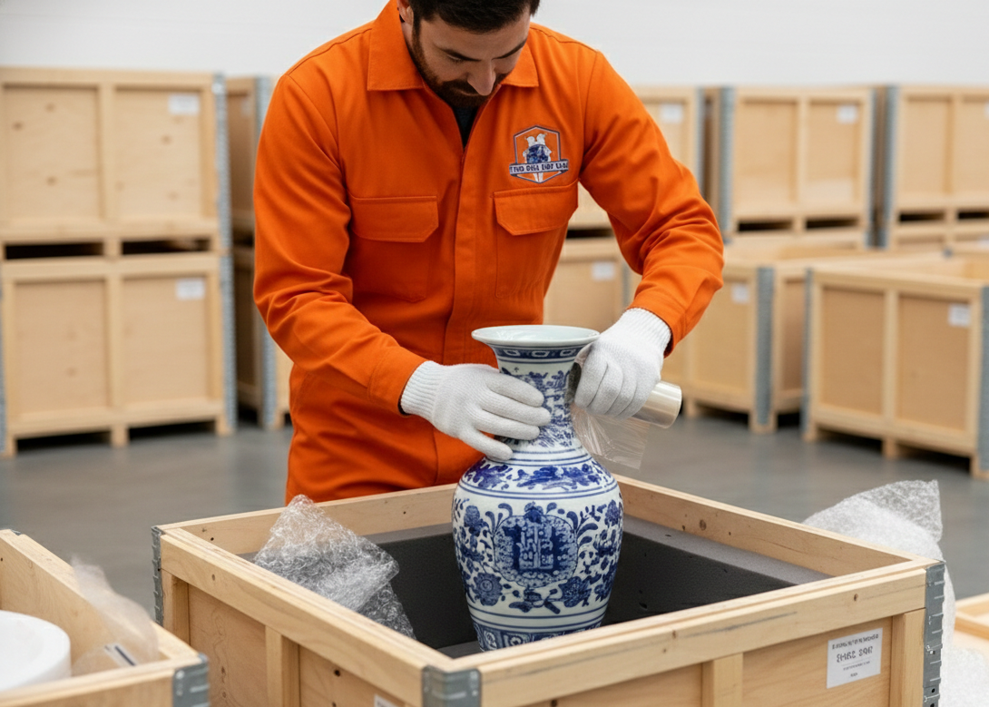Person in orange jumpsuit wrapping a blue and white vase in protective material within a wooden crate in a storage facility.