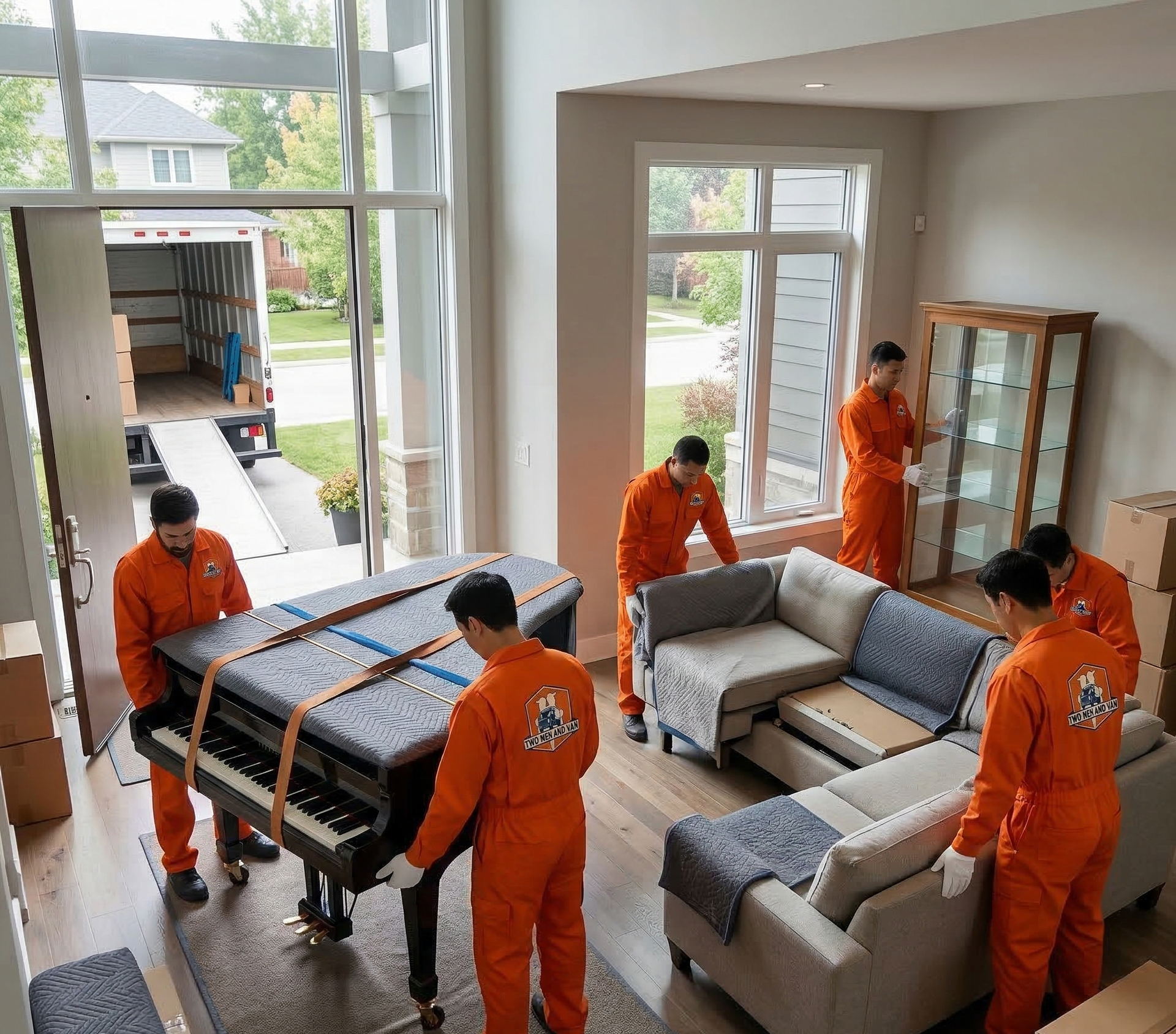 Moving professionals in orange jumpsuits work together to move a grand piano and sofa into a home.