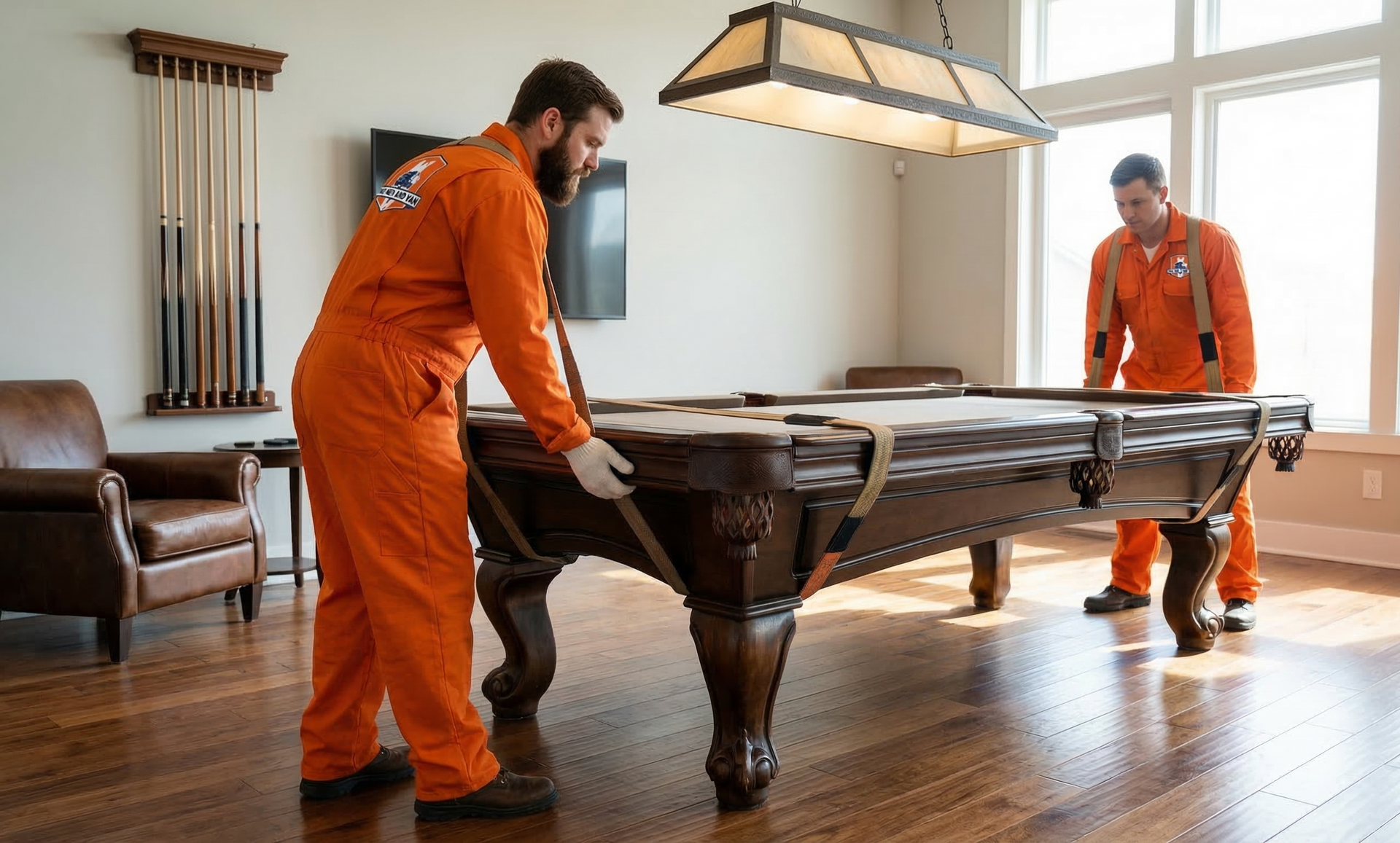 Two professional movers wearing bright orange jumpsuits and white gloves carefully lifting and positioning a heavy pool table inside a modern home game room, demonstrating safe and professional pool table moving services.