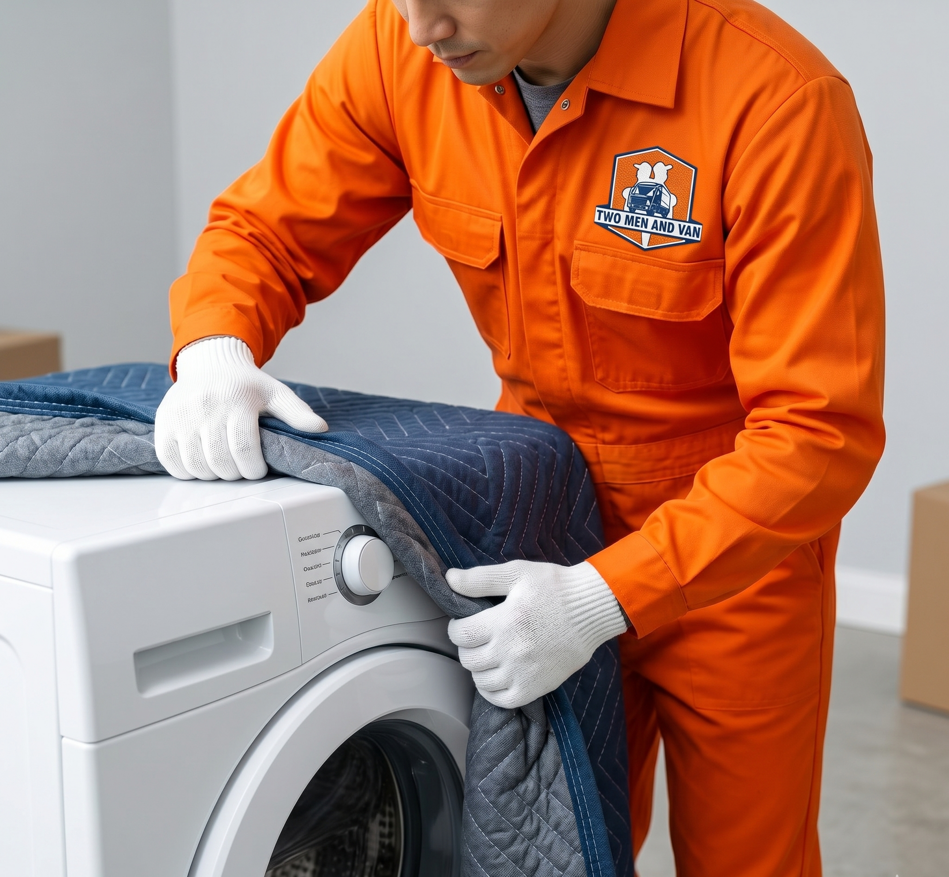 A person in an orange uniform and white gloves wraps a white washing machine in a protective blue moving blanket.