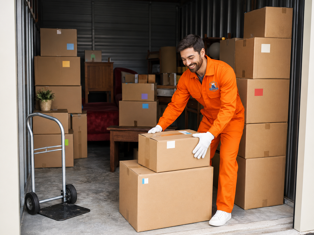 Mover in orange uniform loading cardboard boxes into a storage truck