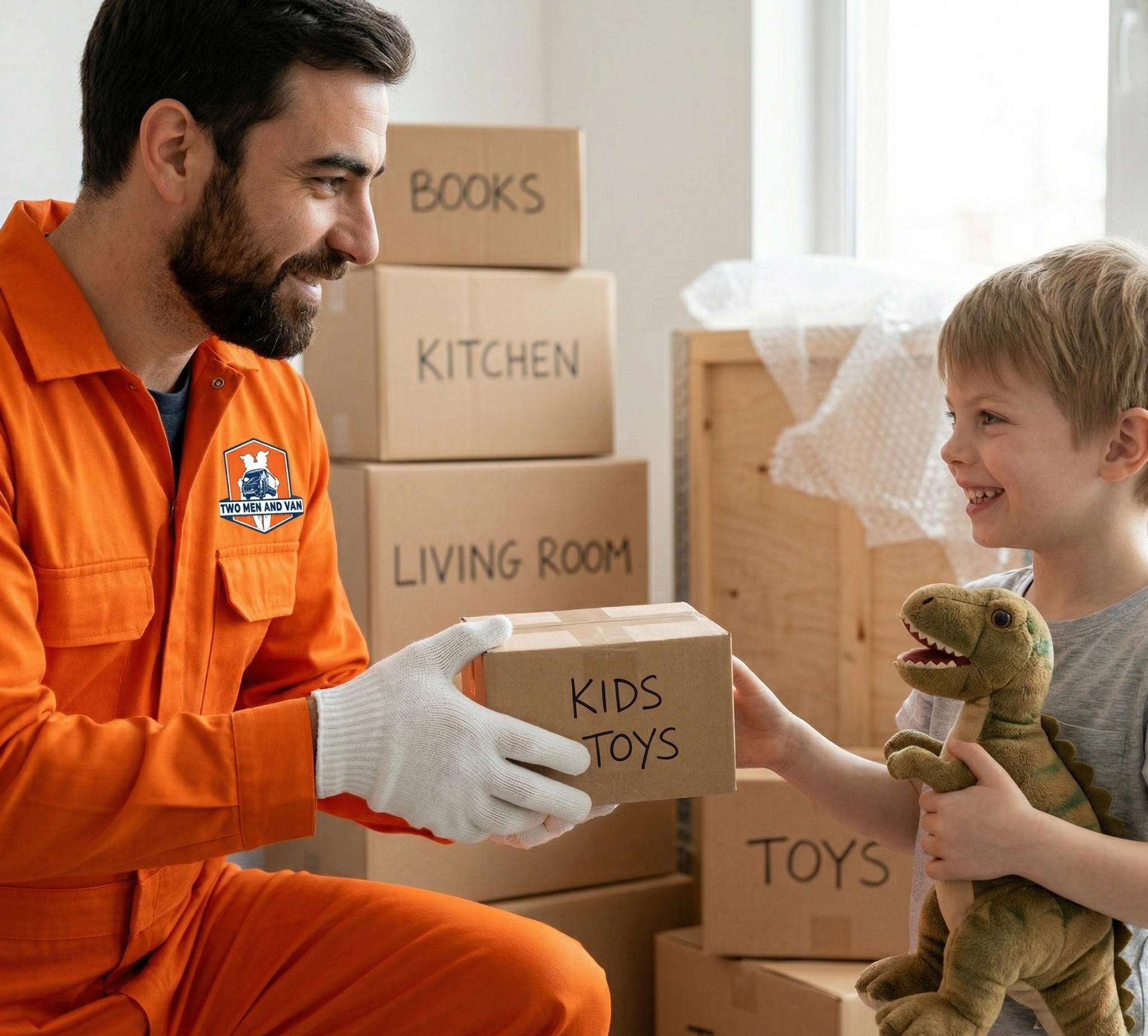 A smiling adult in an orange uniform hands a box labeled 