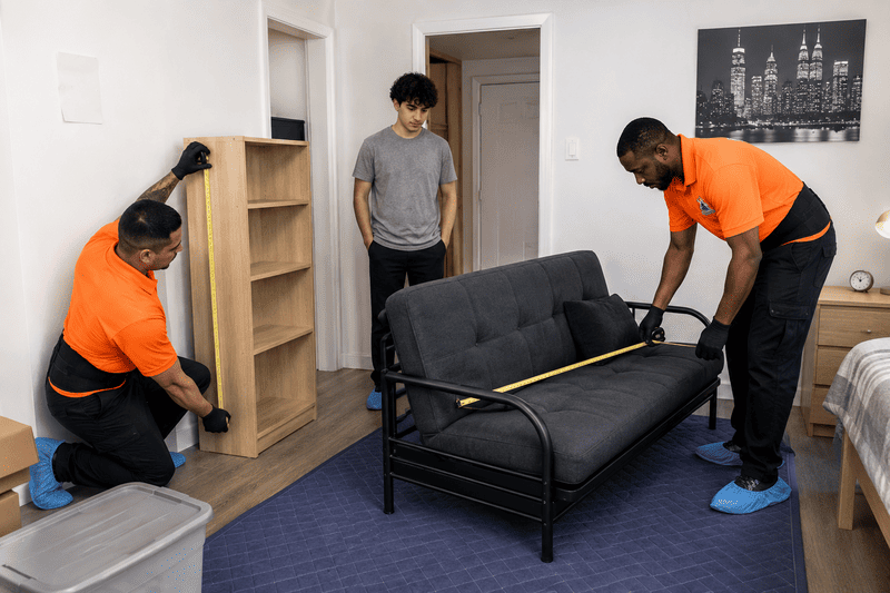 Two movers reposition a black futon in a room while a person watches nearby.