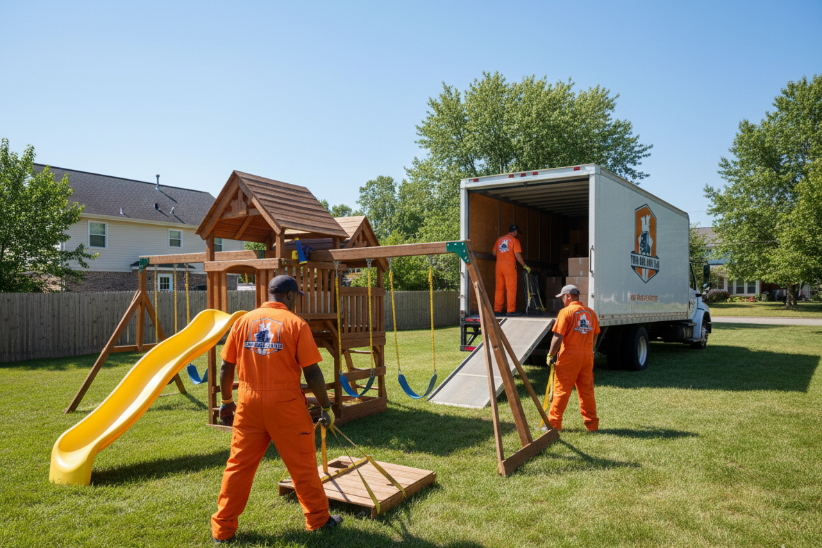 Movers in orange jumpsuits loading a wooden playset into a truck on a sunny day in a suburban yard.