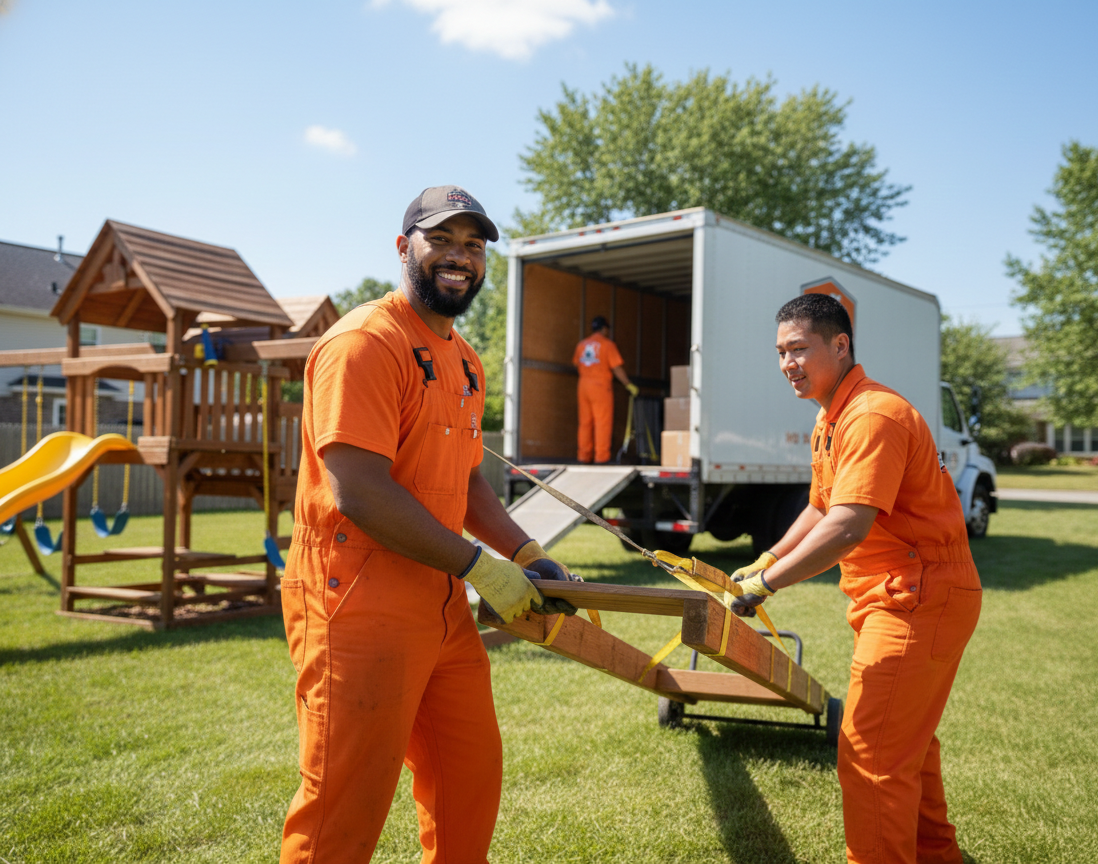 Two movers in orange uniforms load a truck in a sunny yard; a playground is nearby.