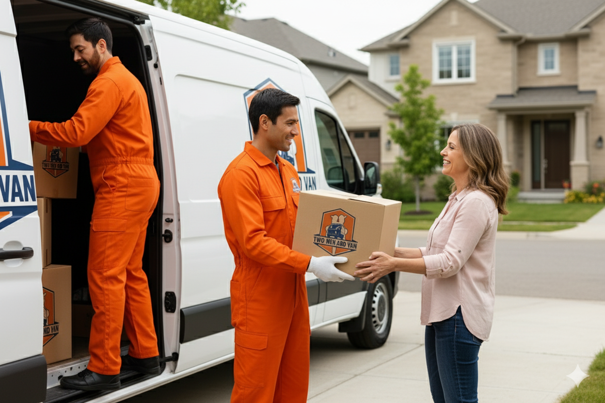 Two movers in orange jumpsuits delivering a box to a senior woman in front of a white van and a house.