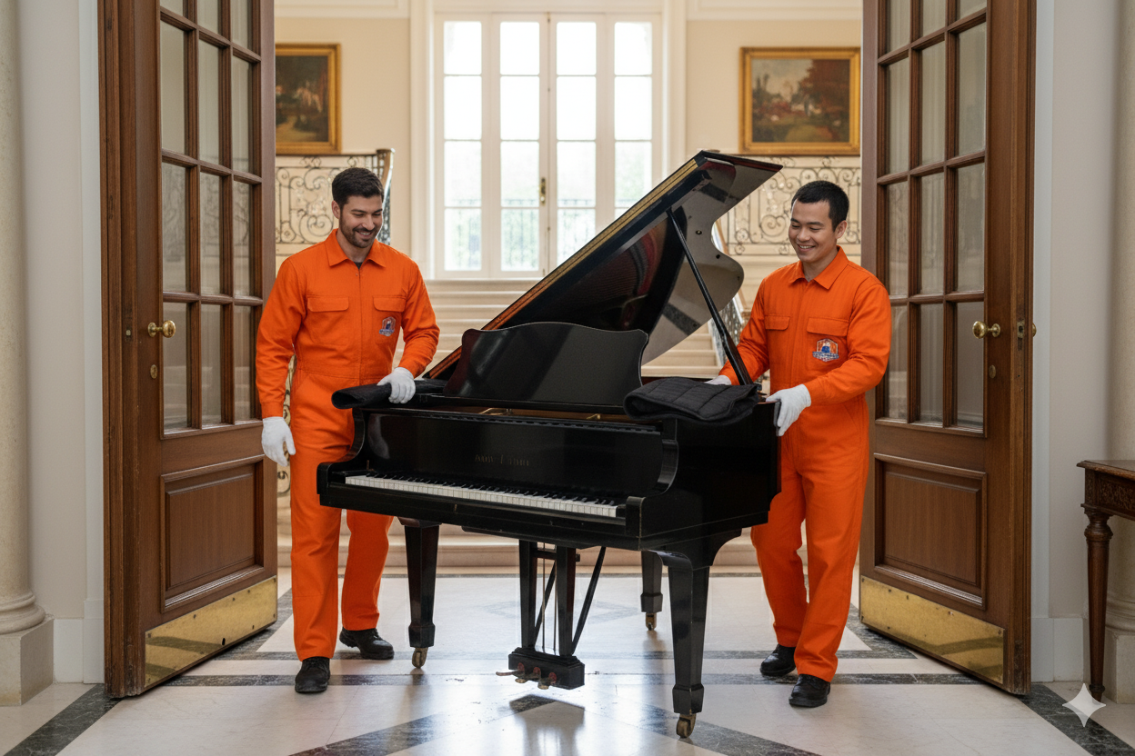 Two movers in orange coveralls carrying a black grand piano through double doors.
