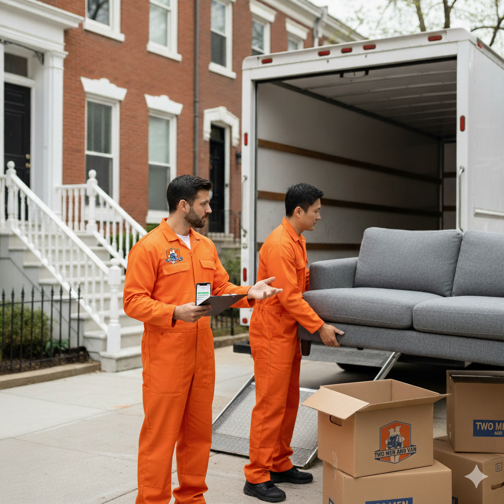 Two workers in orange jumpsuits delivering a box. One holds a phone, the other a clipboard.