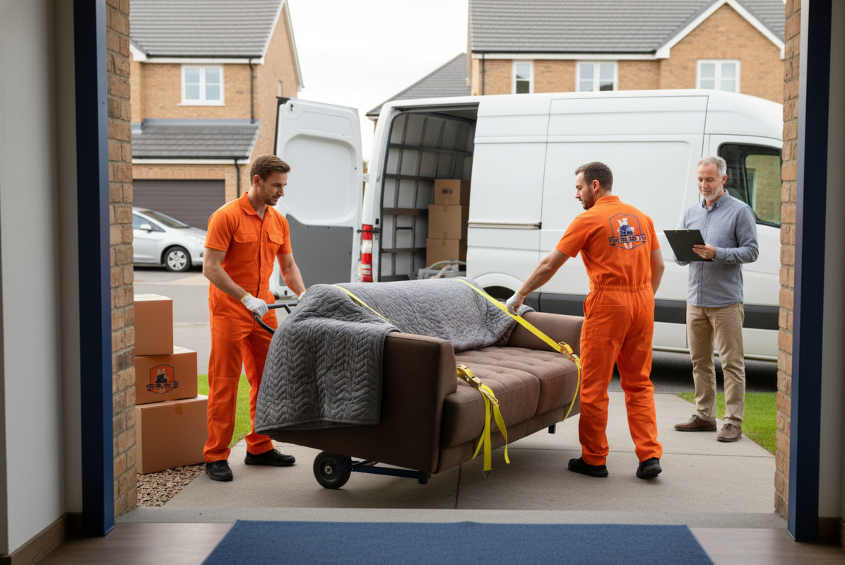 Movers loading furniture into a white van from a garage. One man holds a clipboard.
