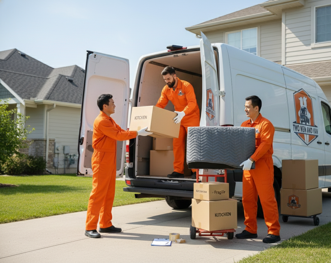 Three movers in orange jumpsuits load boxes into a white moving van outside a house on a sunny day.