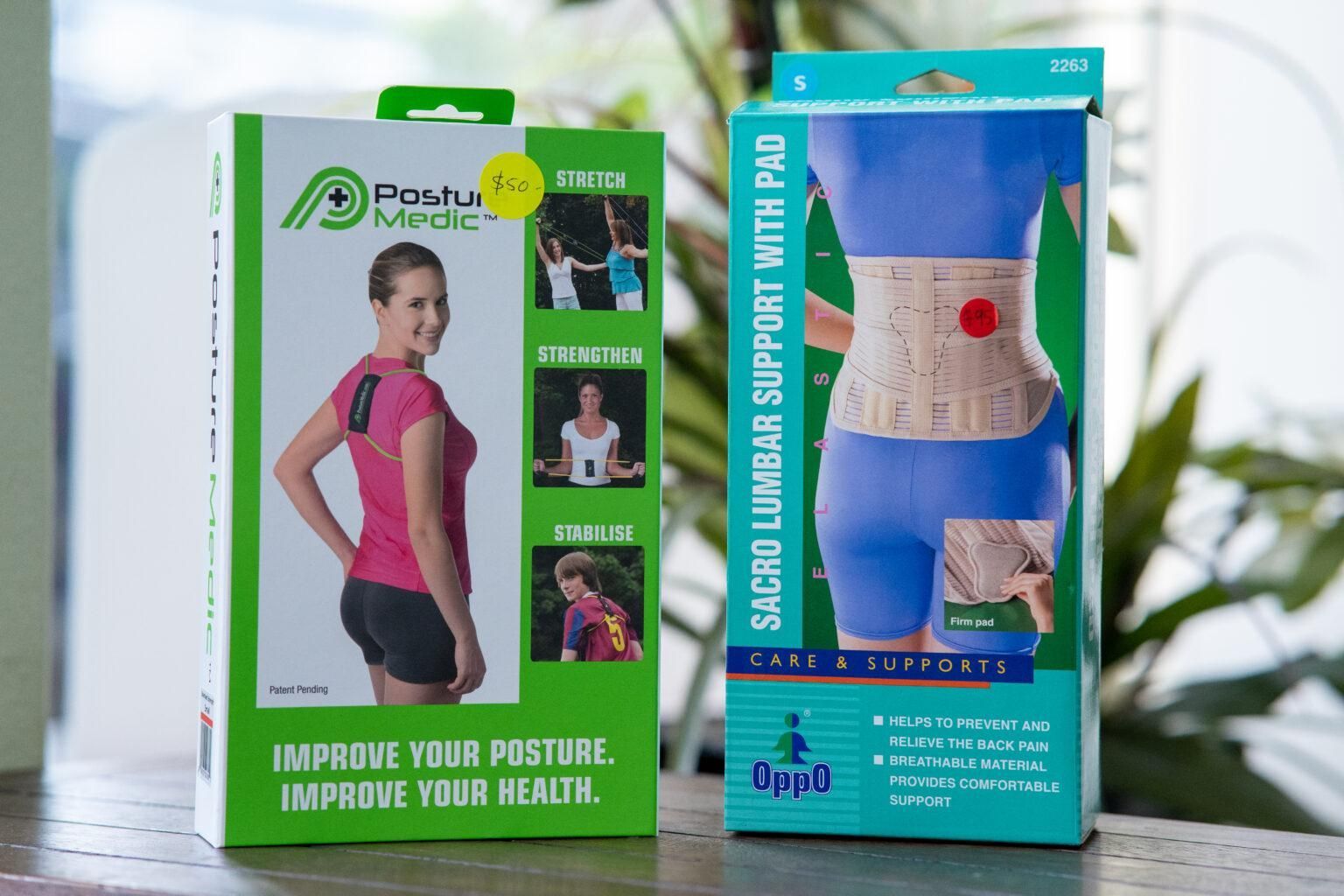 Two Boxes Displaying Medical Back Support Products — Port Macquarie Physio & Pilates In Port Macquarie, NSW