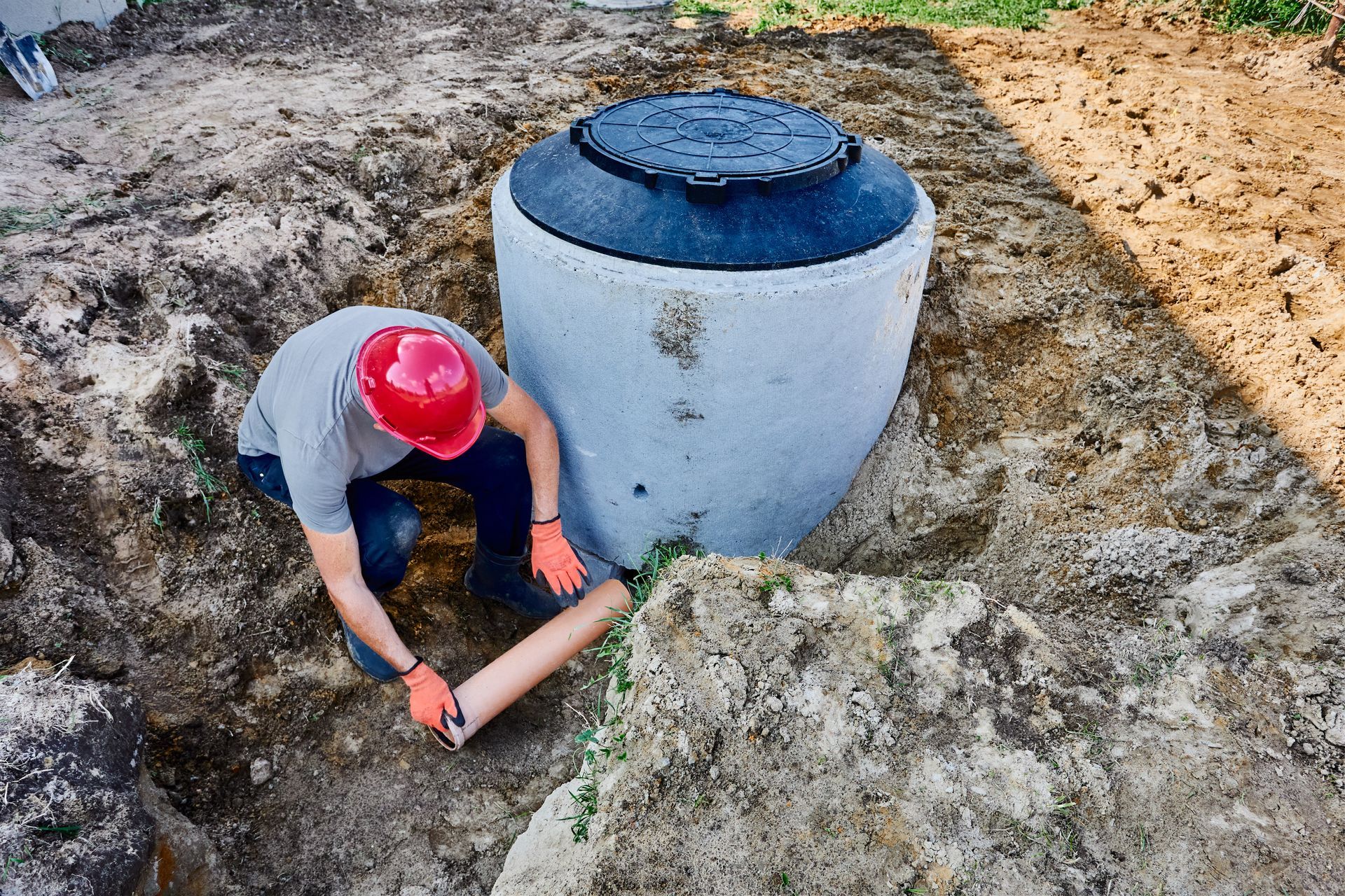 Man in red helmet near concrete septic tank, installing pipe in dirt. Man in red helmet near concrete septic tank, installing pipe in dirt.