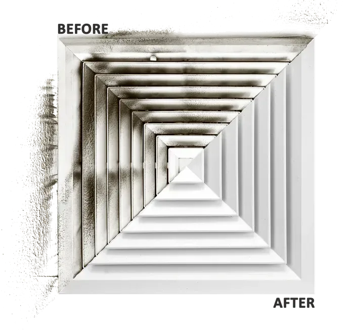 Before/after comparison of a dirty and clean air vent. Grimy left side, pristine right side.