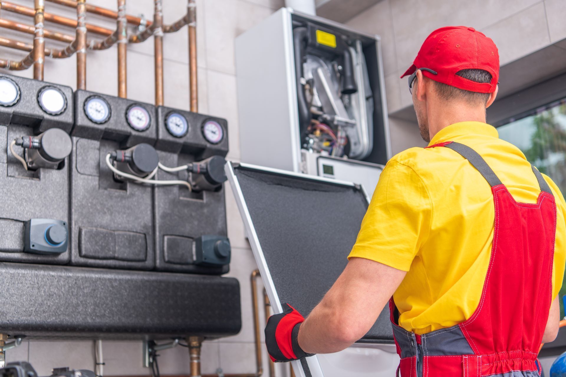 A technician in red and yellow uniform, fixing a boiler in an industrial setting.