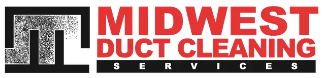 Logo for Midwest Duct Cleaning Services: Red text on a black background with a black square logo.