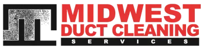 Logo for Midwest Duct Cleaning Services: Red text on a black background with a black square logo.