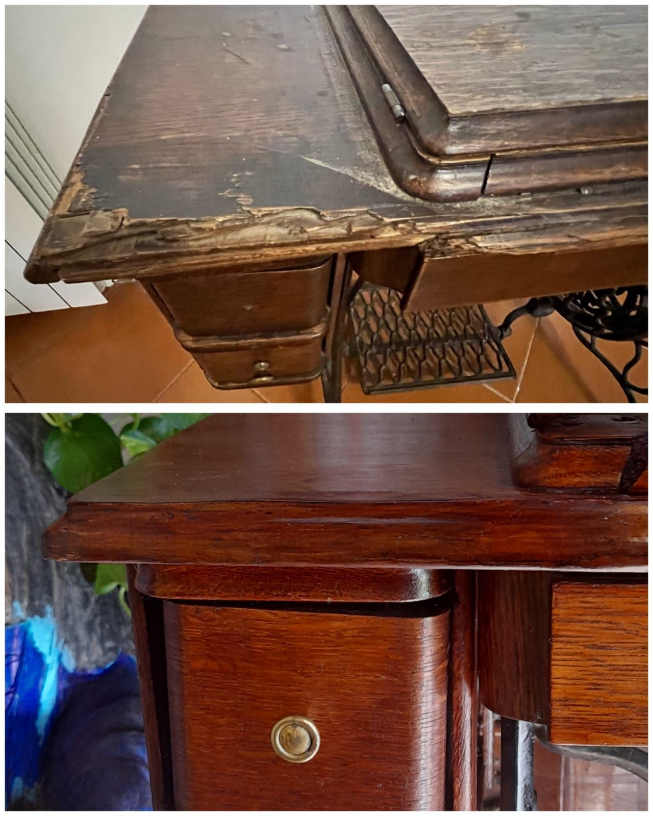 Antica credenza in legno con dettagli intagliati, con esposizione di piatti e frutta.