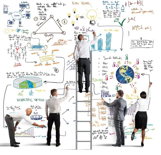 A group of people are standing on a ladder writing on a whiteboard solving CRM problems.