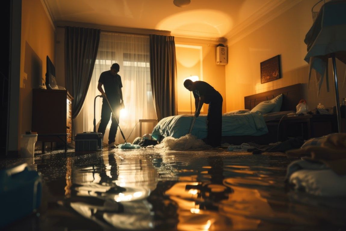 Two people cleaning a flooded bedroom. Water on the floor reflects light. One uses a vacuum, the other bends over.